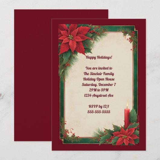 Poinsettia's op het groene en rode kerstfeest kaart (Voorkant / Achterkant)