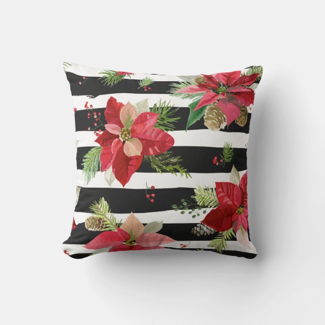 Poinsettias op zwart, witte strepen Pillow Kussen (Voorkant)