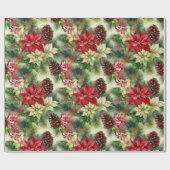 Poinsettias Pine en Pinecones Kerstvakantie Cadeaupapier (Vlak)