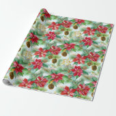 Poinsettias Pine en Pinecones Kerstvakantie Cadeaupapier (Uitgerold)