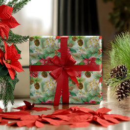 Poinsettias Pine en Pinecones Kerstvakantie Cadeaupapier