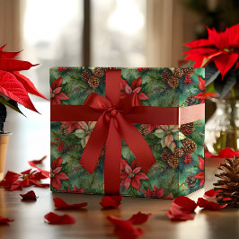 Poinsettias Pine en Pinecones Kerstvakantie Cadeaupapier