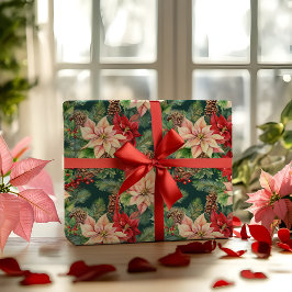 Poinsettias Pine en Pinecones Kerstvakantie Cadeaupapier