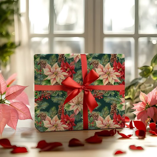 Poinsettias Pine en Pinecones Kerstvakantie Cadeaupapier