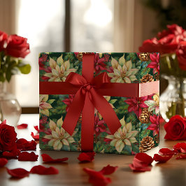 Poinsettias Pine en Pinecones Kerstvakantie Cadeaupapier