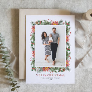 Poinsettias Pine Needles met kerstfoto Feestdagen Kaart