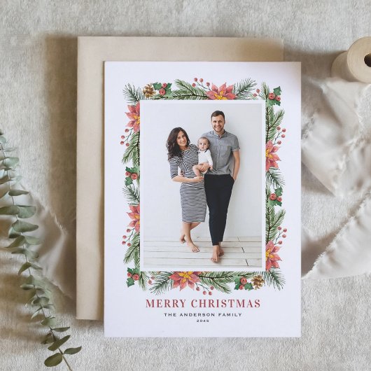  Poinsettias Pine Needles met kerstfoto Feestdagen Kaart