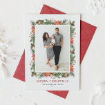 Poinsettias Pine Needles met kerstfoto Feestdagenkaart<br><div class="desc">Vrolijk kerstfeest! Verstuur je vakantiewensen en groeten naar familie en vrienden met deze aanpasbare florale kerstfotokaart. Het bevat een lijst van de waterverf van pineconen,  dennenaalden,  hollies,  bessen en poinsettia. Personaliseer door namen,  bericht en een verticale foto toe te voegen. Deze  kerstfotoplatte kaart is verkrijgbaar in andere kartonnen dozen.</div>