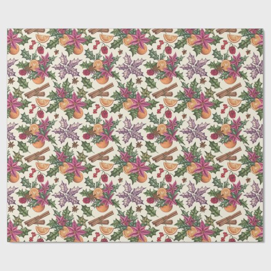 Poinsettia's, Sinaasappels, Berry Christmas Patter Cadeaupapier (Vlak)