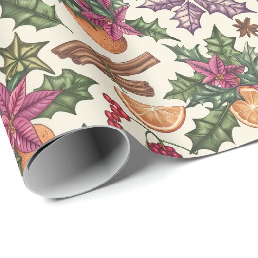 Poinsettia's, Sinaasappels, Berry Christmas Patter Cadeaupapier (Rol Hoek)