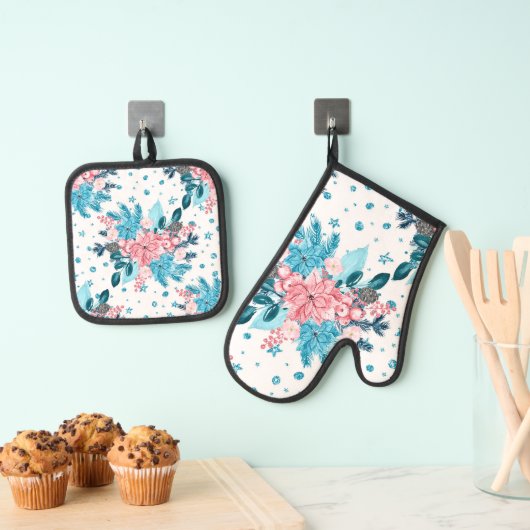 Poinsettias Turquoise Roze Ovenwant & Pannenlap Set (Insitu(Ophanging))