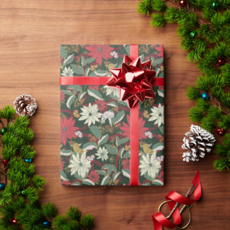 Poinsettias Vogels en linten-donkergroen Cadeaupapier