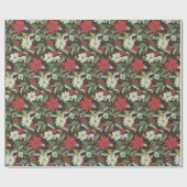 Poinsettias Vogels en linten-donkergroen Cadeaupapier (Vlak)