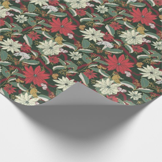 Poinsettias Vogels en linten-donkergroen Cadeaupapier (Hoek)