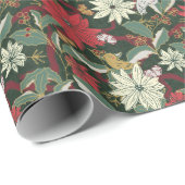 Poinsettias Vogels en linten-donkergroen Cadeaupapier (Rol Hoek)