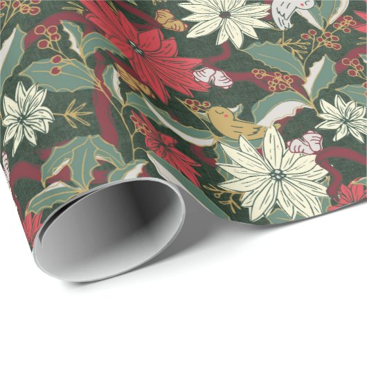 Poinsettias Vogels en linten-donkergroen Cadeaupapier (Rol Hoek)