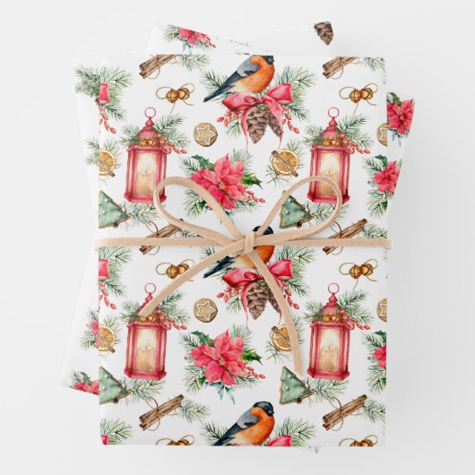  Poinsettias, vogels en Pinecones Inpakpapier Vel (In situ)