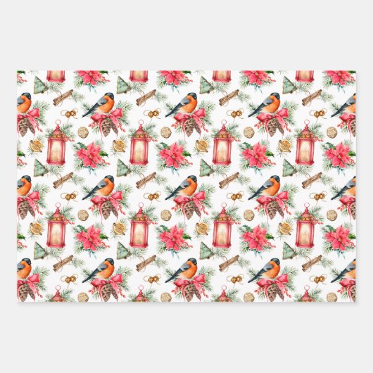  Poinsettias, vogels en Pinecones Inpakpapier Vel (Voorkant)