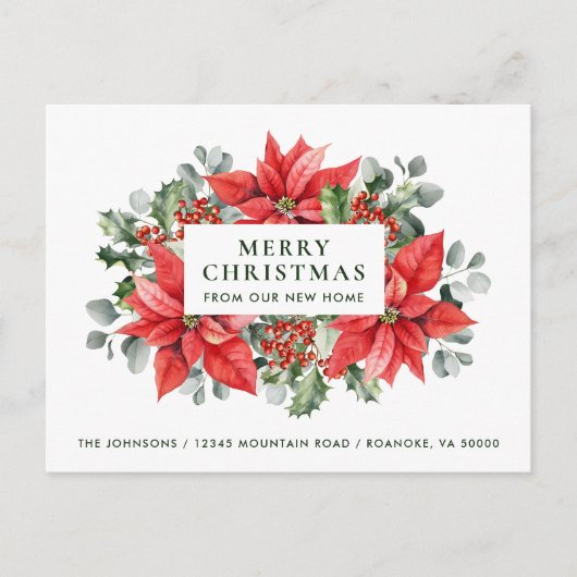 Poinsettias Vrolijk kerstfeest van New Home Aankondigingskaart (Voorkant)