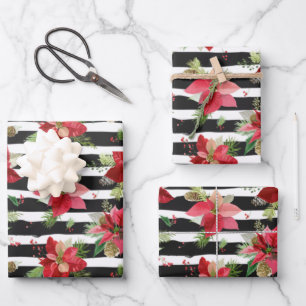 Poinsettias, zwarte strippaart met kerstbeker inpakpapier vel