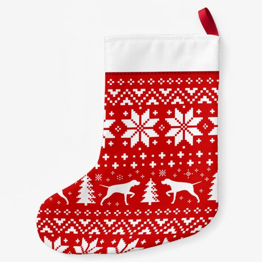 Pointer Dog Silhouettes Pattern Red en White Cute Kleine Kerstsok (Achterkant)