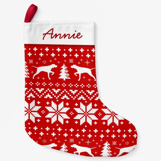 Pointer Dog Silhouettes Pattern Red en White Cute Kleine Kerstsok (Voorkant)