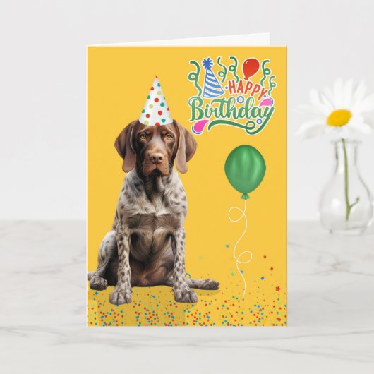 Pointerhond in een feesthoed op gele verjaardag kaart (Kleine Plant)