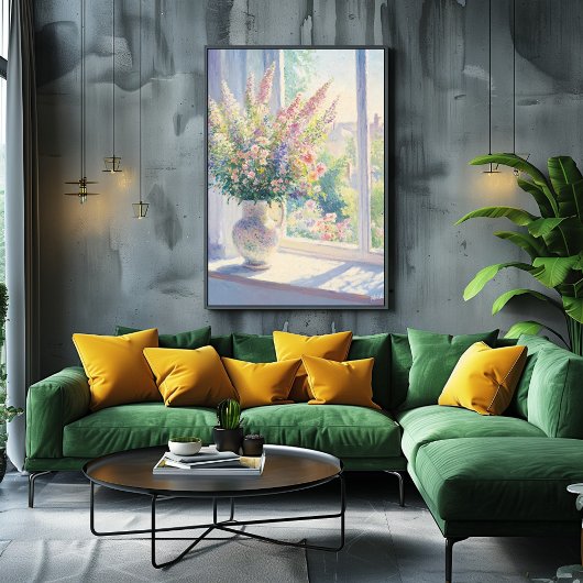 Pointillisme bloemkunst met zonovergoten tuin uitz poster