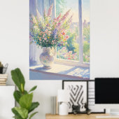 Pointillisme bloemkunst met zonovergoten tuin uitz poster (Thuiskantoor)