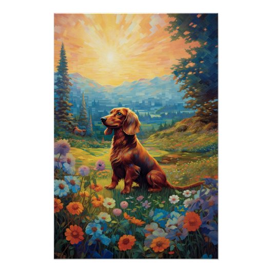 Pointillisme Dachshund Een weide verkennen Perfect Poster (Voorkant)