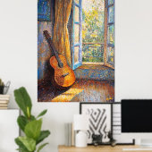 Pointillisme Gitaar van Sunlit Window – Vibrant Poster (Thuiskantoor)