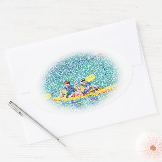 Pointillisme Kajak Scène Schilderen, ovale sticker (Envelop)
