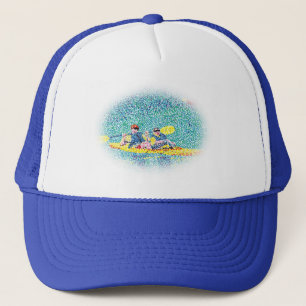 Pointillisme kajak schilderij, vervaagd ovaal lijs trucker pet