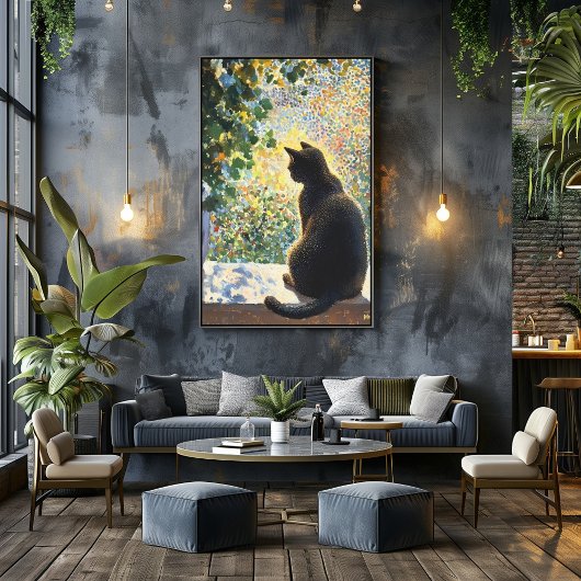 Pointillisme Kat op vensterbank in zonlicht Poster