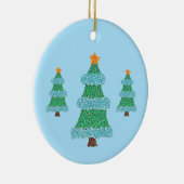 Pointillisme Kerstbomen op Blauw, Sieraden Keramisch Ornament (Rechts)
