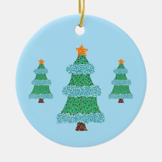 Pointillisme Kerstbomen op Blauw, Sieraden Keramisch Ornament (Voorkant)
