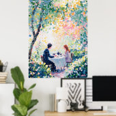Pointillisme Koppel dat thee drinkt in de buitenlu Poster (Thuiskantoor)