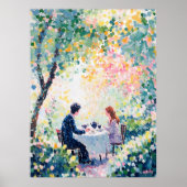 Pointillisme koppel genieten van thee buiten poster (Voorkant)