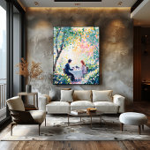 Pointillisme koppel genieten van thee buiten poster