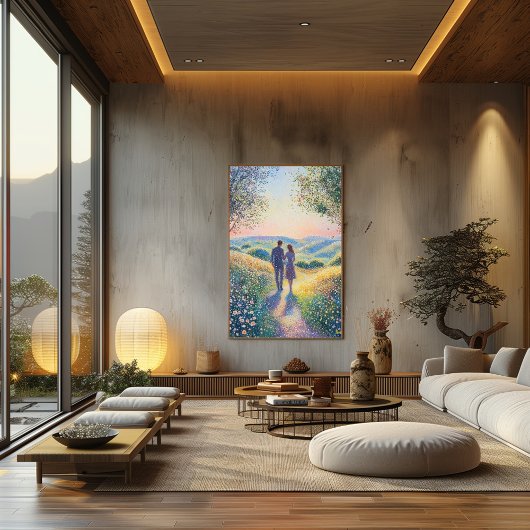 Pointillisme Koppel Wandelt bij Zonsondergang – Ro Poster