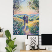 Pointillisme Koppel Wandelt bij Zonsondergang – Ro Poster (Thuiskantoor)