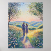 Pointillisme Koppel Wandelt bij Zonsondergang – Ro Poster (Voorkant)