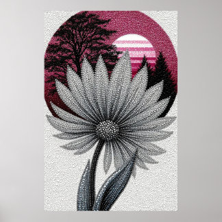 Pointillisme Madeliefje Met Roze Zonsondergang En Poster