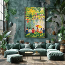 Pointillisme Park Scene met levendige zomerkleuren