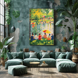 Pointillisme Park Scene met levendige zomerkleuren Poster