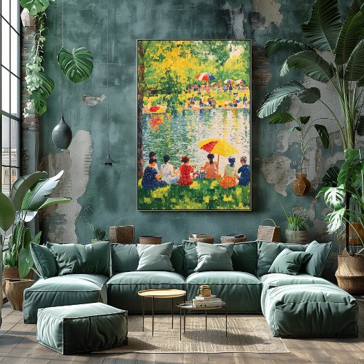 Pointillisme Parkscène met Levendige Zomer Kleuren Poster