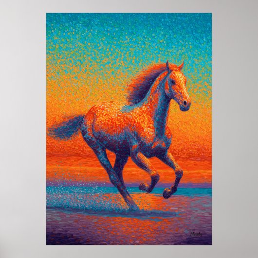 Pointillisme Strand Zonsondergang met Dravend Paar Poster (Voorkant)