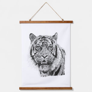 Pointillisme Tijger Kop Zwart & Wit Natuur Kunst Hangend Wandkleed