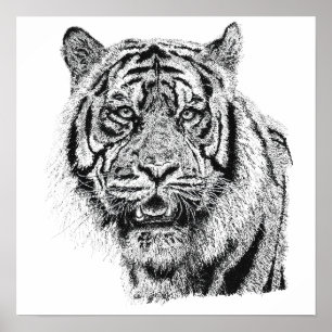 Pointillisme Tijger Kop Zwart & Wit Natuur Kunst Poster