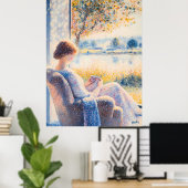 Pointillisme Vrouw bij raam met zonovergoten Uitzi Poster (Thuiskantoor)